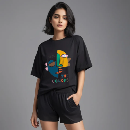 Women Black Cotton Oversize graphic co-ord set -The Colors