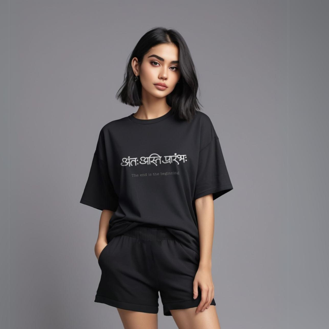 Women Black Cotton Oversize graphic co-ord set - End is Beginning