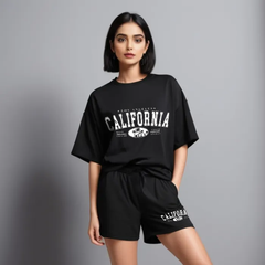 Women Black Cotton Oversize graphic Co-ord set- California Dreams