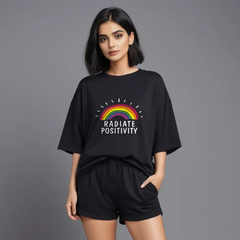 Women Black Cotton Oversize graphic co-ord set - Positivity