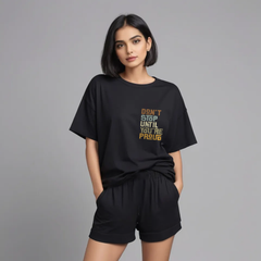 Women Black Cotton Oversize graphic co-ord set - Don't stop