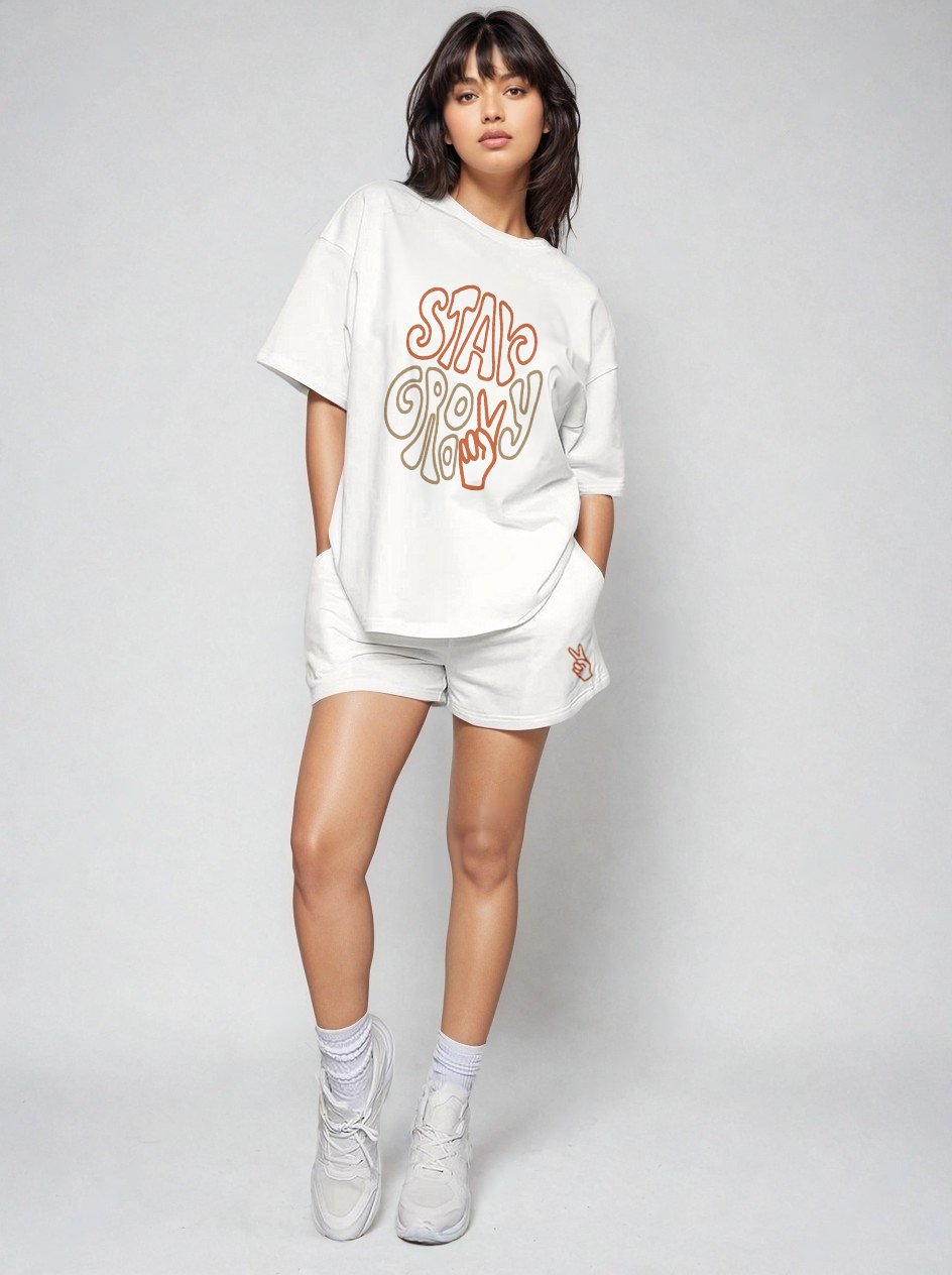 Women White Cotton oversize graphic co-ord set- Stay groovy