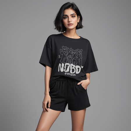 Women Black Cotton Oversize graphic co-ord set - NOBD