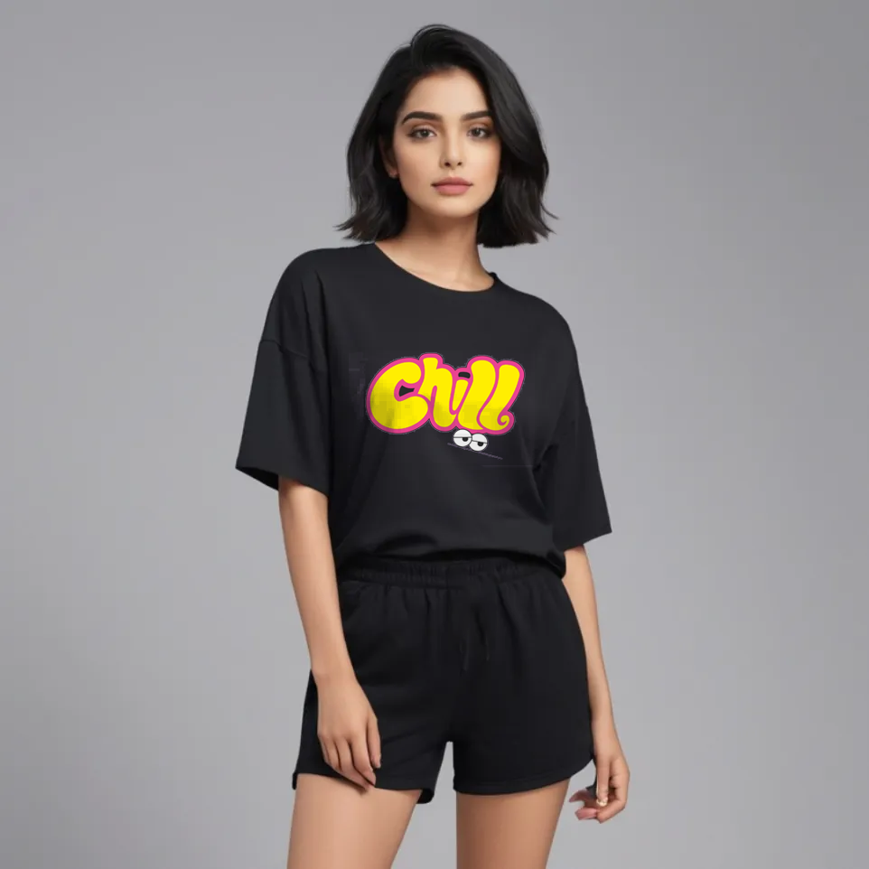 Women Black Cotton Oversize graphic co-ord set - chill