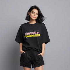 Women Black Cotton Oversize graphic co-ord set - Socially awkward