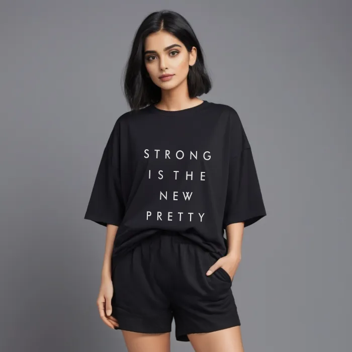 Women Black Cotton Oversize graphic co-ord set - Prettiest