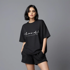 Women Black Cotton Oversize graphic co-ord set - Self-Reflection