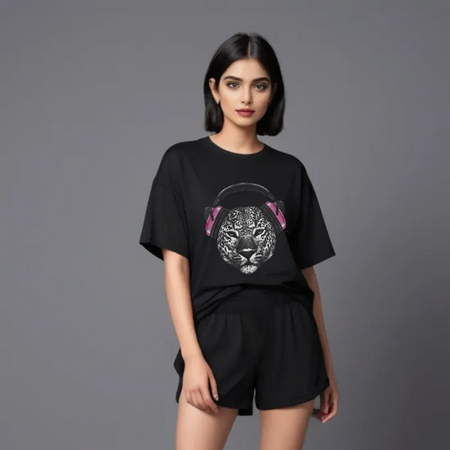 Women Black Cotton Oversize graphic co-ord set - Tiger