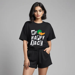 Women Black Cotton Oversize graphic co-ord set - Happy Face