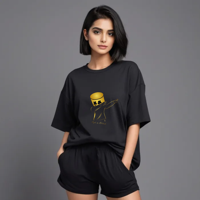 Women Black Cotton Oversize graphic co-ord set - Dab