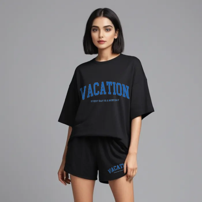 Women Black Cotton Oversize graphic co-ord set - Vacation