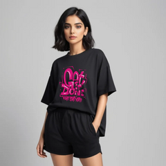 Women Black Cotton Oversize graphic co-ord set - Get it done