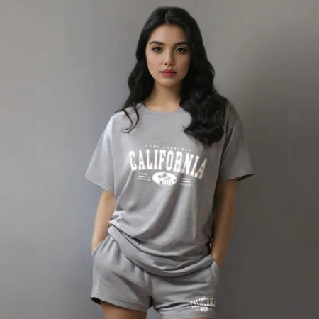 Women light grey cotton oversize women  co-ord set -California Dreams