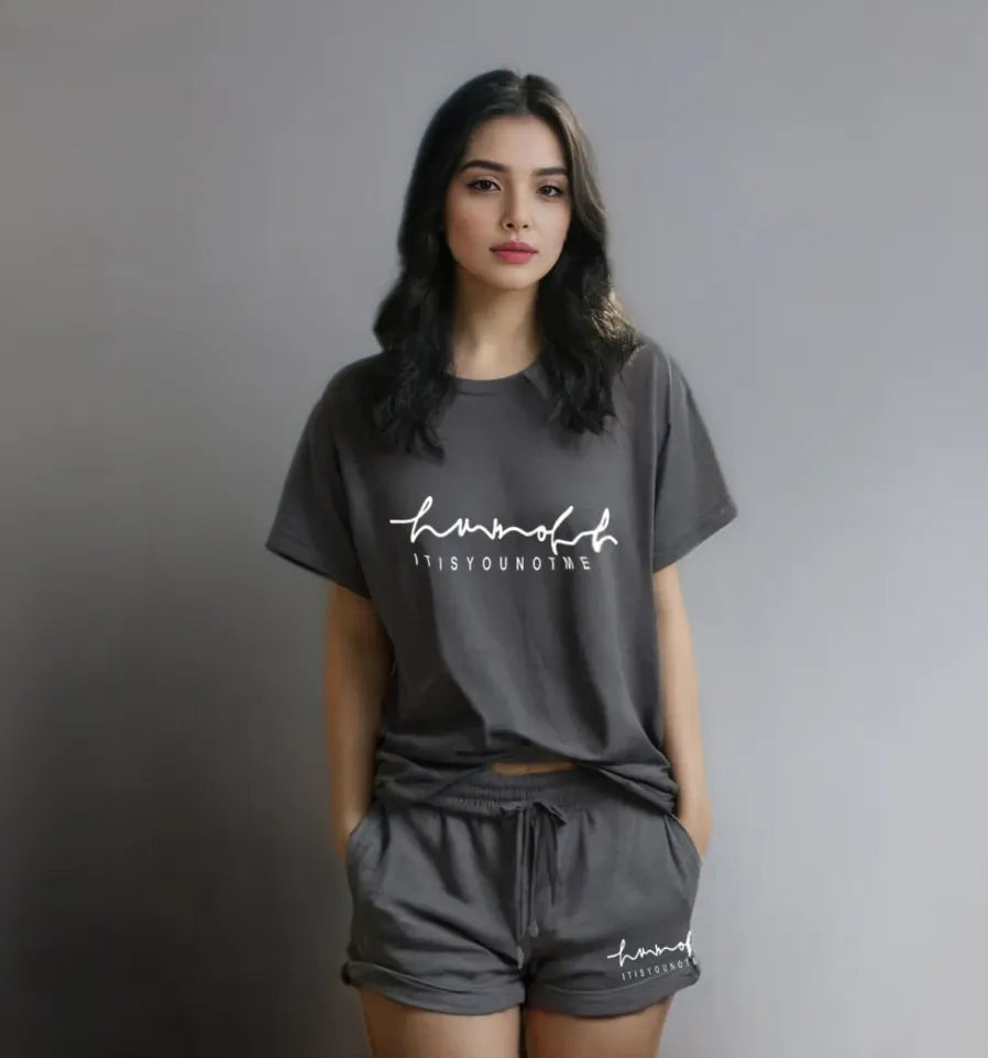 Women Dark grey Cotton Oversize graphic co-ord set - Self-Reflection