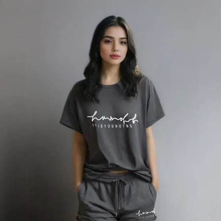 Women Dark grey Cotton Oversize graphic co-ord set - Self-Reflection