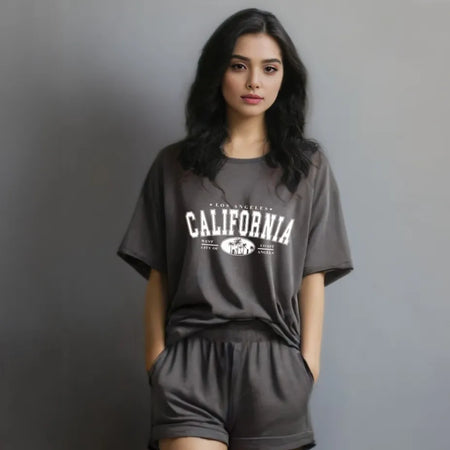 Women Dark grey Cotton Oversize graphic co-ord set - California Dreams