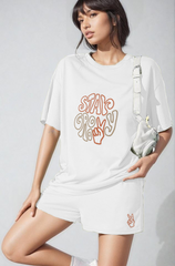 Women White Cotton oversize graphic co-ord set- Stay groovy