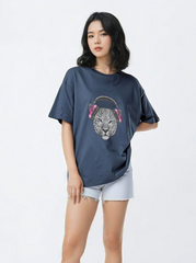 Women Oversized Astronaut Blue Tshirt - Tiger