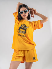 Women Mustard Cotton Oversize graphic co-ord set - The Serial Chiller