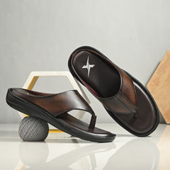 Men Brown Solid Leather Comfort Sandals/Slippers