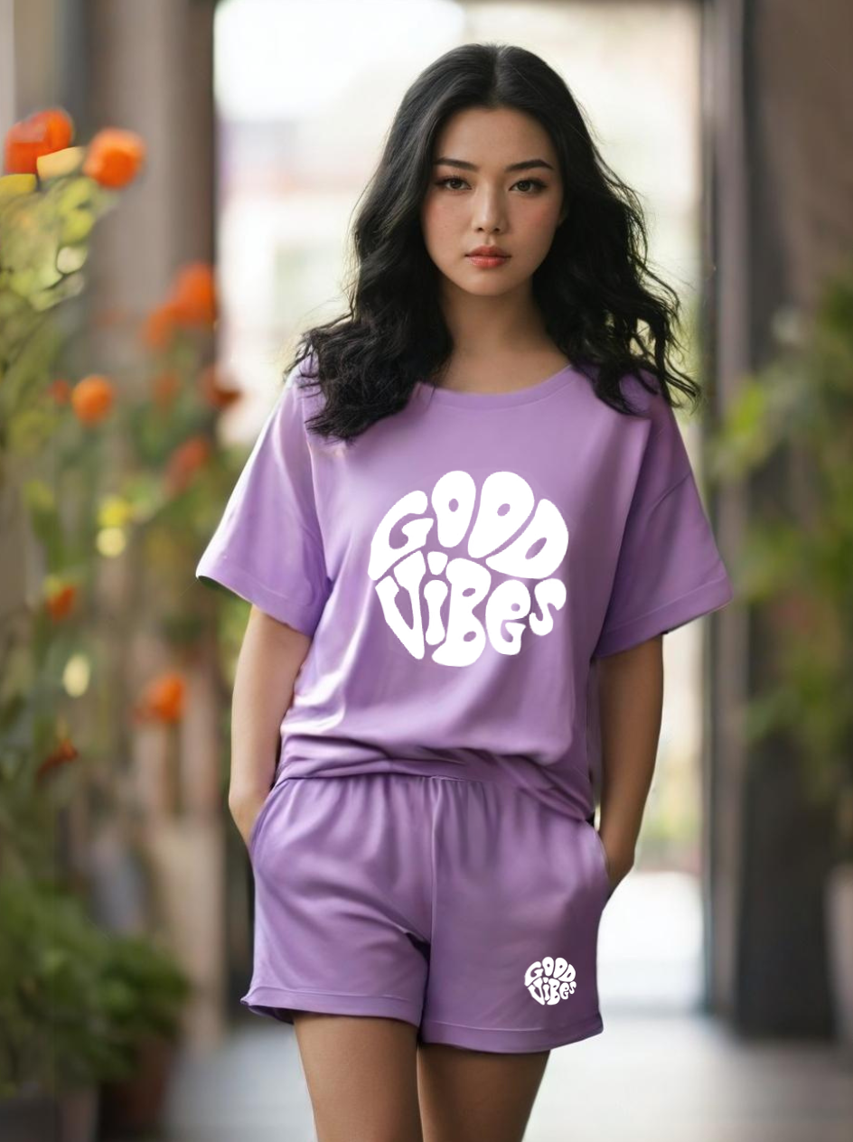 Women Lavender Cotton Oversize graphic co-ord set- Vibe Tribe