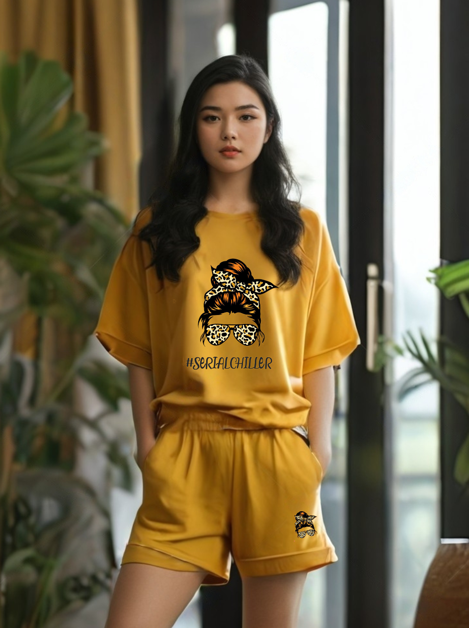 Women Mustard Cotton Oversize graphic co-ord set - The Serial Chiller